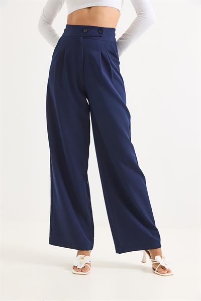 Yüksek Bel Bol Paça Çift Düğmeli Pantolon Lacivert