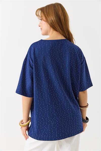Kadın Taş Detaylı Bsiklet Yaka Oversize Tshirt Lacivert