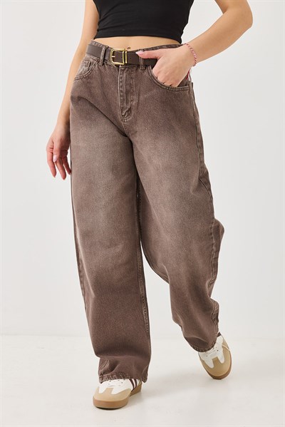 Kadın Bol Paça Kemerli Kot Pantolon