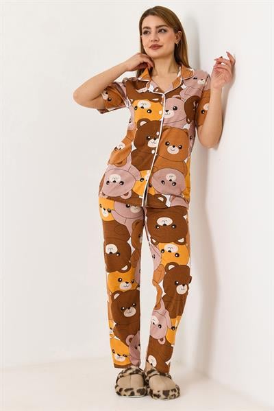 Kadın Kısa Kollu Düğmeli Desenli Pijama Takımı Taba
