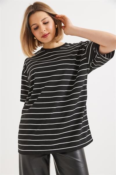 Çizgili İki İp Bayan Tshirt Siyah