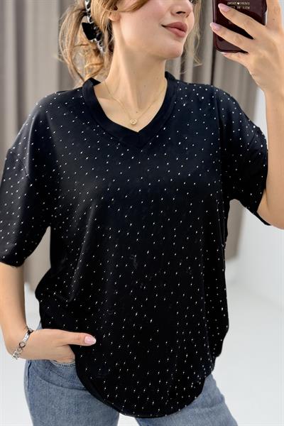 V Yaka Taşlı Yarım Kol T-shirt Siyah