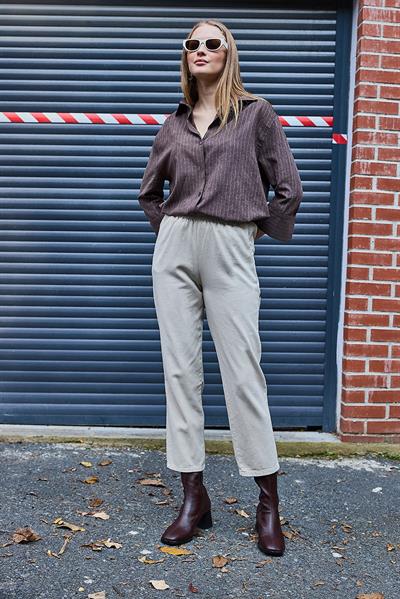 Kadın Beli Lastikli Gabardin Bej Pantolon