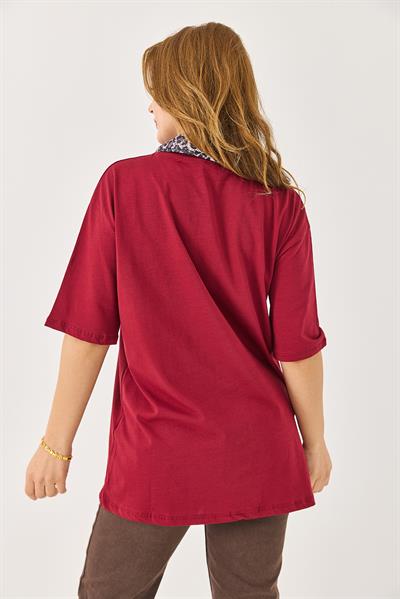 Kadın Fularlı Yazı Nakışlı Oversize Tshirt Bordo