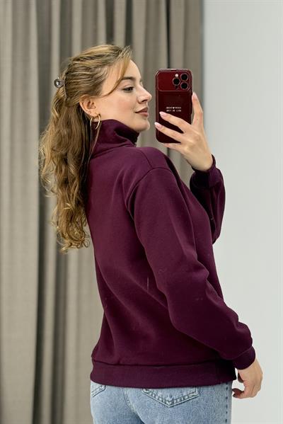 Kadın Mürdüm Yarım Fermuarlı Üç İplik Sweat 