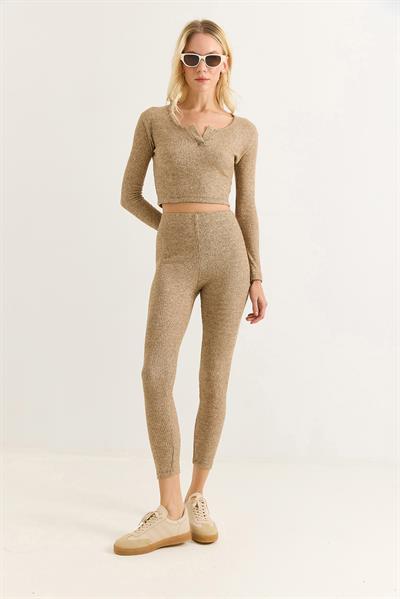 Kadın Esnek Tayt Crop Takım Vizon
