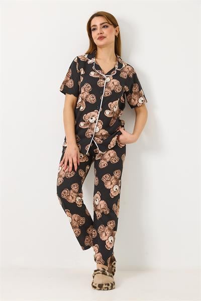 Kadın Ayıcık Baskılı Pijama Takımı Siyah