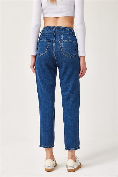 Yüksek Bel Kuşaklı Jeans Pantolon Lacivert
