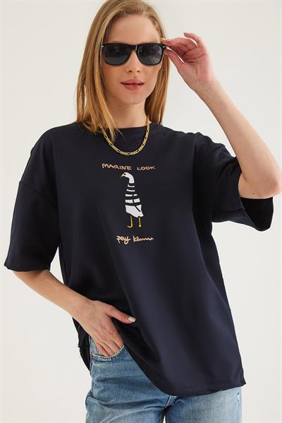 Bisiklet Yaka Oversize Baskılı Tshirt Lacivert