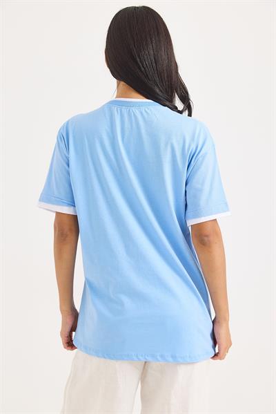 Bisiklet Yaka Kolları Garnili Kadın T-shirt Mavi