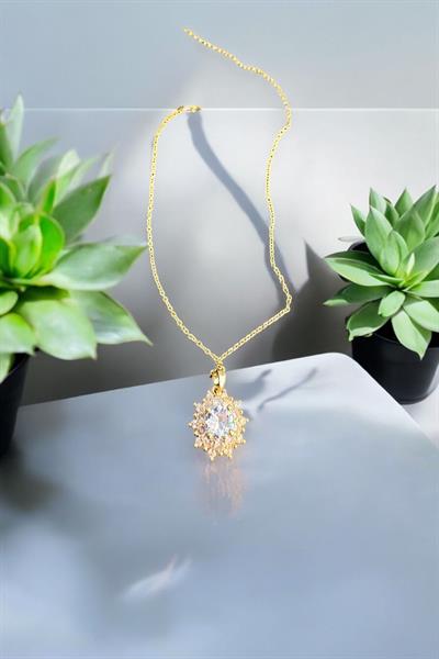 Yuvarlak Elmas Altın Zincir Kolye Gold