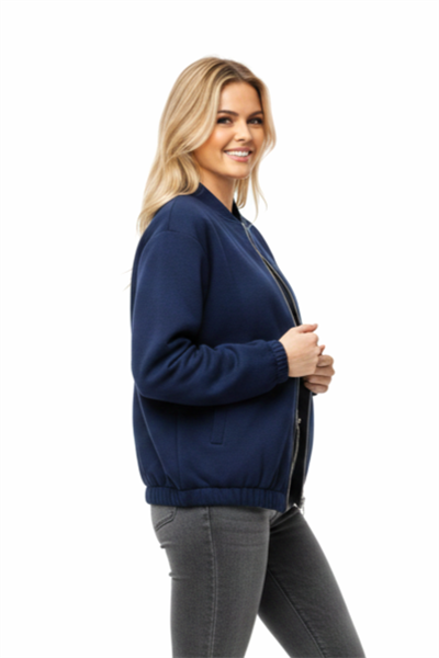 Üç İplik Şardonlu Lacivert Beli Lastikli Fermuarlı Hırka