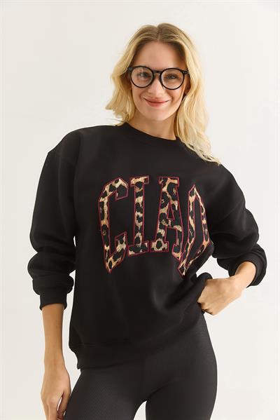 Kadın Üç İplik Leopar Baskılı Sweatshirt Siyah