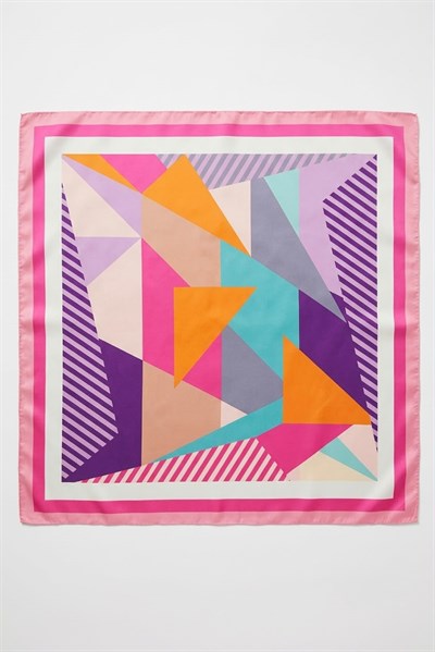 Geometrik Desenli 60X65 Ölçülü Saten Fular Pembe