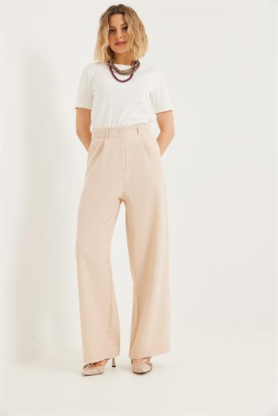 Dökümlü Bol Paça Pantolon Krem