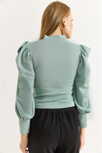 Kadın Hakim Yaka Prenses Kol Örme Bluz Su Yeşili