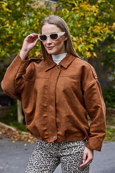 Kadın Kadife Kumaş Oversize Salaş Mont Taba