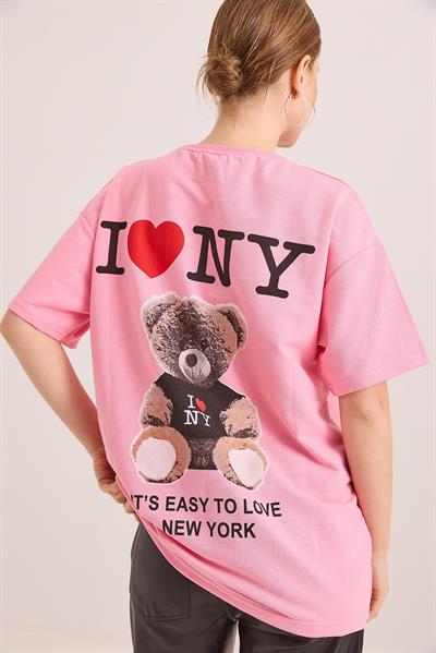 Ön Ve Arka Baskılı İki İp Oversize Örme Tshirt Pembe