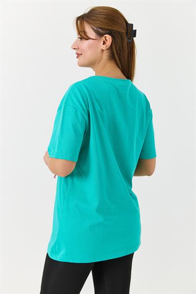 Kadın Bisiklet Yaka Baskısız Düz Bisiklet Yaka Tshirt Yeşil