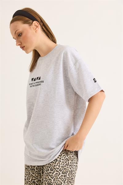 Bisiklet Yaka Baskılı Oversize Tshirt Gri