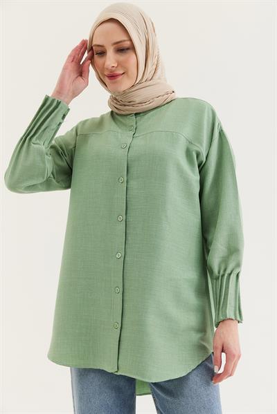 Keten Kumaş Kol Nervül Detaylı Gömlek Tunik Yeşil
