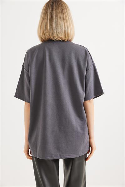 Ayıcık Baskılı Bisiklet Yaka Tshirt Füme