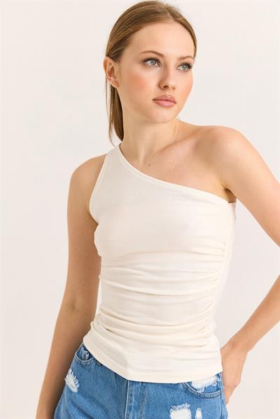 Tek Omuz Esnek Kumaş Bluz Ekru