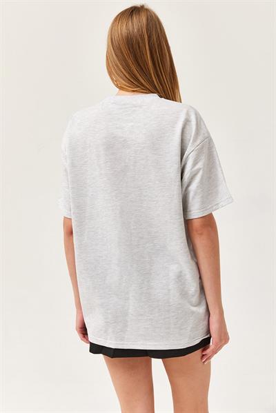 Bisiklet Yaka Oversize Tshirt Gri