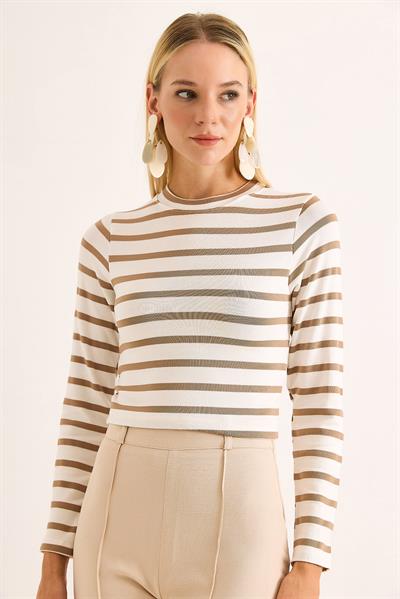 Kadın Çizgi Desenli Crop Bluz Bej