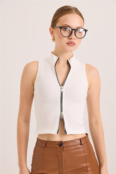 Fermuar Detaylı Fitilli Şık Örme Bluz Beyaz