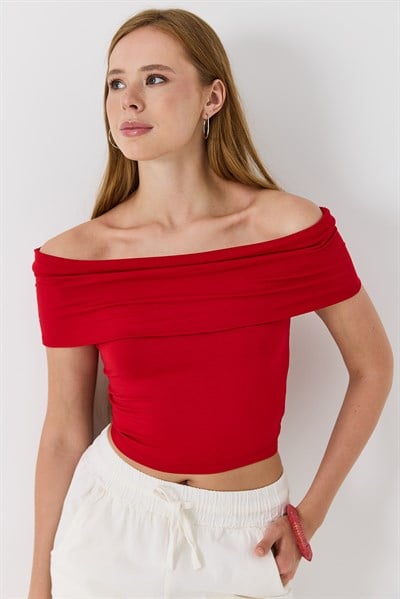 Kadın Madonna Yaka Penye Crop Bluz Kırmızı