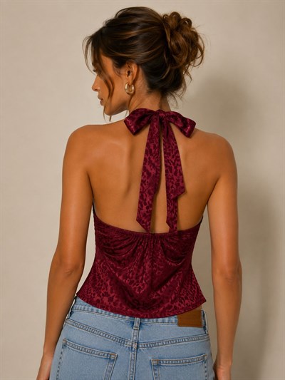 Kadın Boyundan Bağlamalı Arkası Lastikli Saten Crop Bluz Bordo