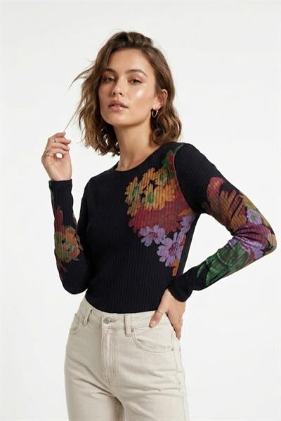 Kadın Desenli Kaşkorse Uzun Kollu Bluz Siyah