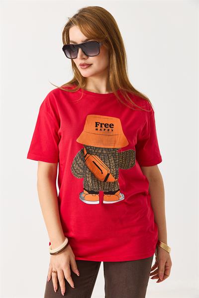 Kadın Baskılı Bisiklet Yaka Kısa Kol Tshirt Kırmızı