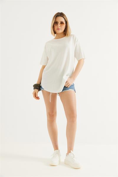 Bisiklet Yaka  Kısa Kol Basic Tshirt Beyaz