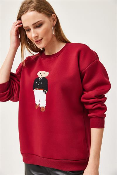Oversize Nakışlı Sweatshirt Bordo