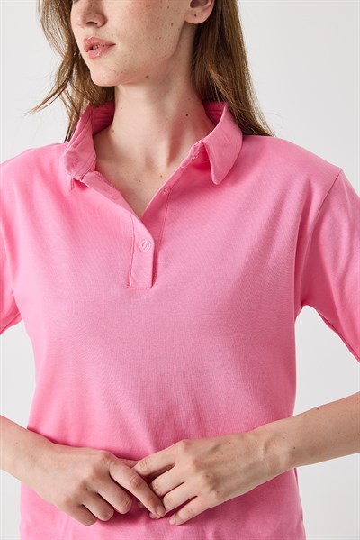 Kadın Vatkalı Polo Yaka Tshirt Koyu Pembe