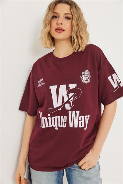 Bisiklet Yaka Baskılı Tshirt Bordo