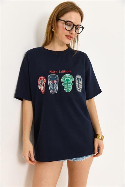 Baskılı Oversize Tshirt  Lacivert