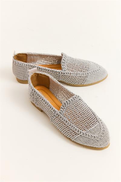 Örgü Tasarım Kadın Babet Ayakkabı Gri