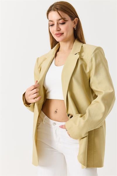 Kadın Oversize Tek Düğmeli Astarlı Blazer Ceket Soft Hardal