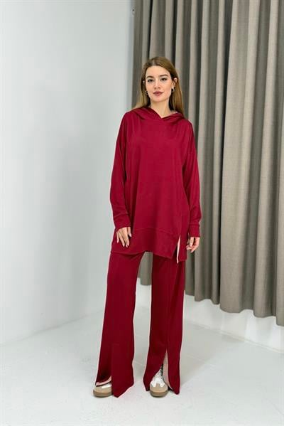 Kadın Paça Detaylı Kapüşonlu Oversize Eşofman Takım Kırmızı