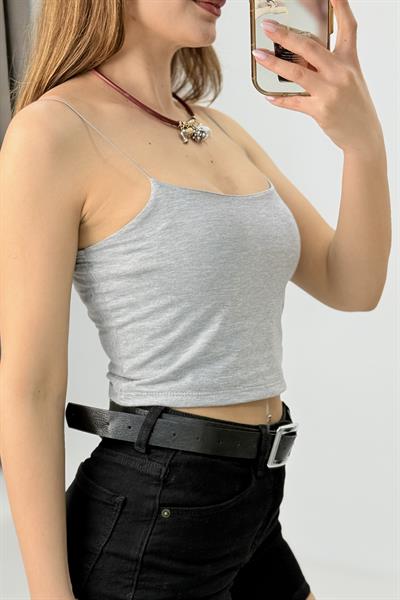 Kadın İp Askılı Crop Bluz Gri