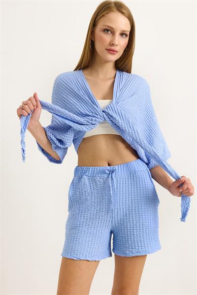 Gofre Kumaş Bel Lastikli Kadın Şort Mavi