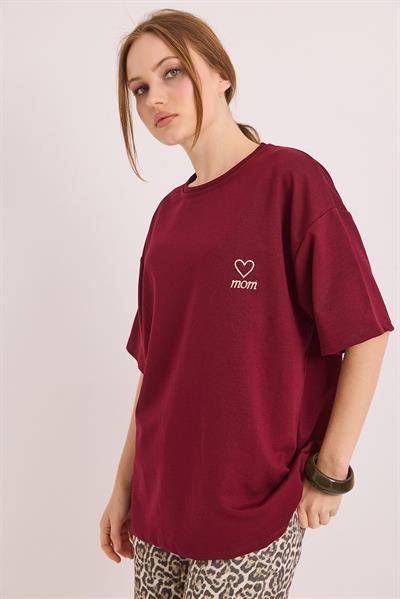 Mom Nakışlı Oversize İki İplik Tshirt Bordo
