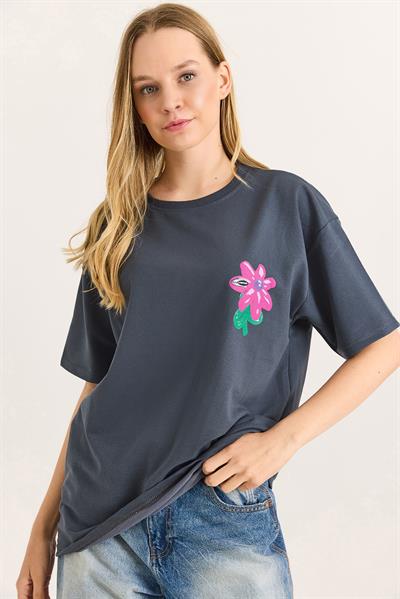 Baskılı Bisiklet Yaka Basic Tshirt Füme