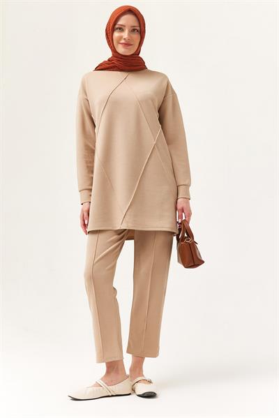 Kadın Çapraz Çizgili İkili Takım Bej