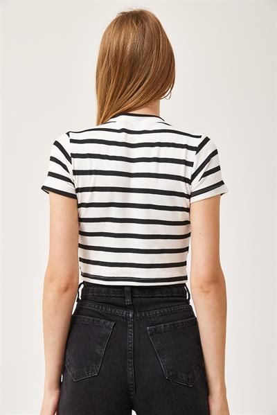 Çizgili Bisiklet Yaka Crop Bluz Siyah