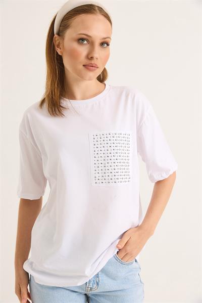 Bisiklet Yaka Taş Detaylı Cepli Tshirt Beyaz