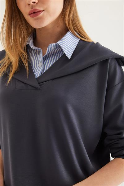 Modal Kumaş Gömlek Garnili Tunik Füme